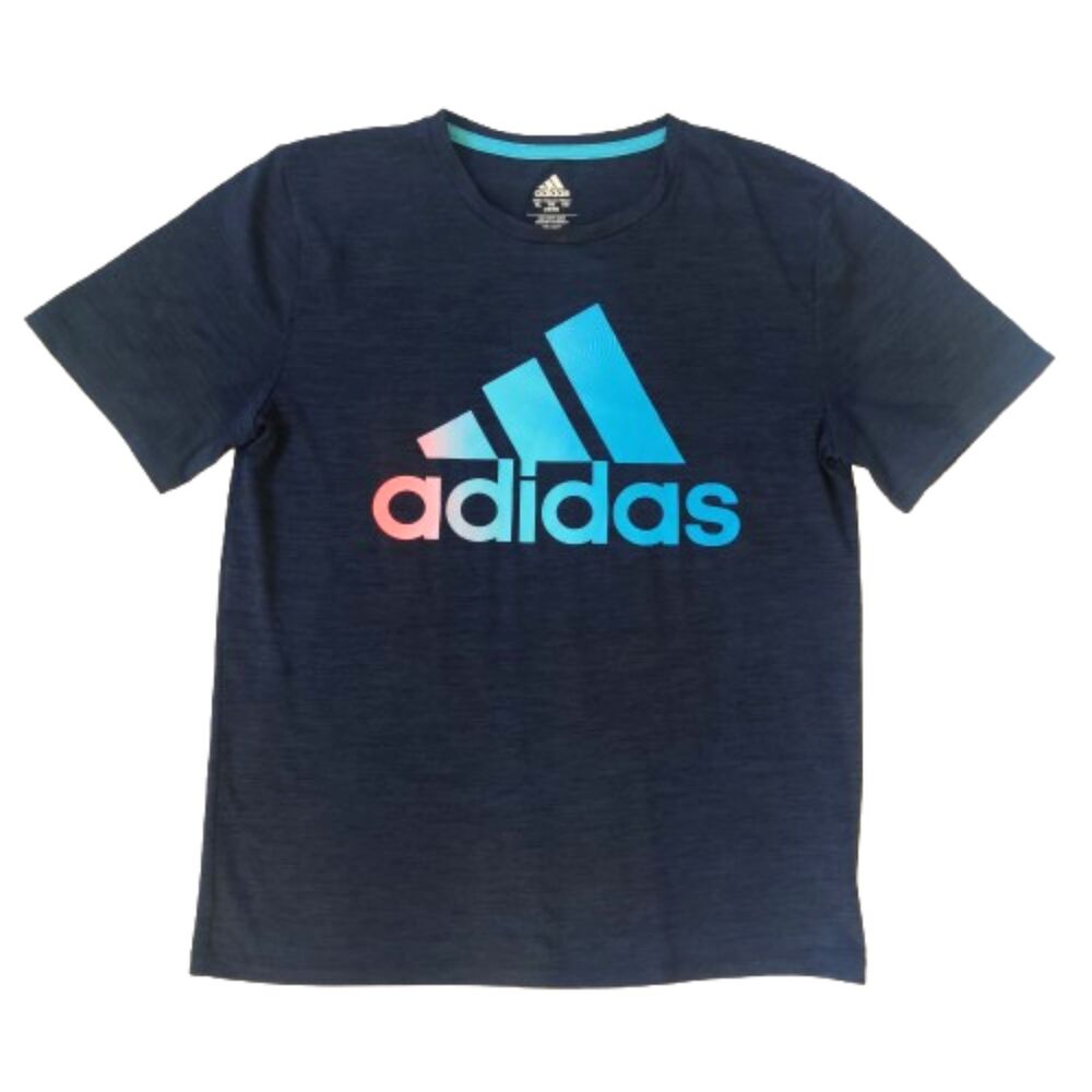 adidas Boys XL 18/20 Navy Heather Pink Blue Gradient Logo Shirt AEROREADY